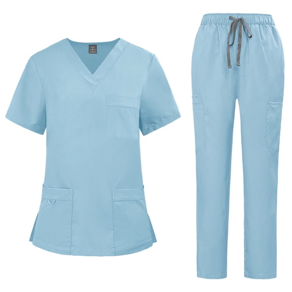 VV AVEORS 2 Pcs Scrubs Sets For Women Stretch Wide Leg Pants & V-Neck Short Sleeve Tops Cargo Pants Medical Scrub Sets Sky Blue M