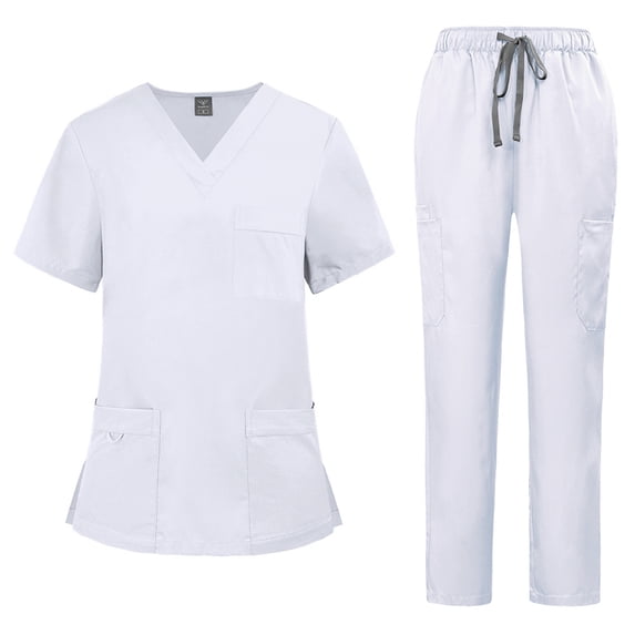 VV AVEORS 2 Pcs Scrubs Sets For Women Stretch Wide Leg Pants & V-Neck Short Sleeve Tops Cargo Pants Medical Scrub Sets White M