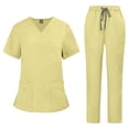 thumbnail image 1 of VV AVEORS 2 Pcs Scrubs Sets For Women Stretch Wide Leg Pants & V-Neck Short Sleeve Tops Cargo Pants Medical Scrub Sets Yellow M, 1 of 5