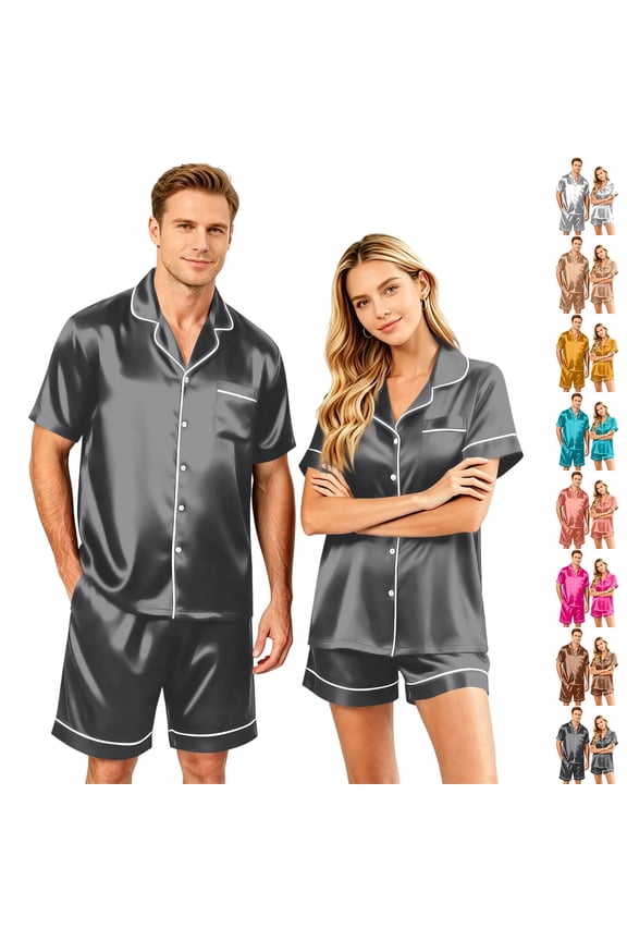 2 Piece Couple Matching Silk Pajamas Sets For Men Satin Pajama Set Button Down Pjs Set Sleepwear Loungewears Camel 4XL