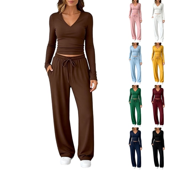VV AVEORS 2 Piece Lounge Sets For Women Fall Outfits V Neck Top Travel Sweatsuits Business Casual 2026 Fashion Clothes Wine M