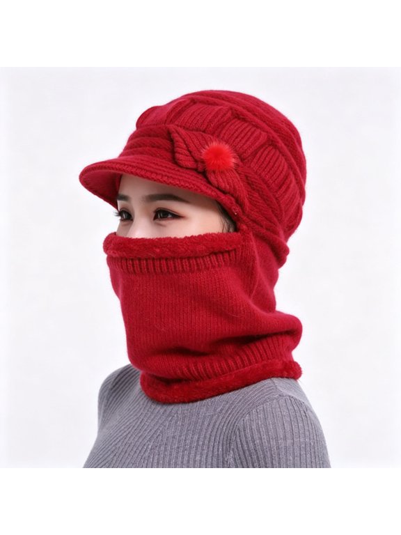 3 In 1 Winter Knitted Beanie Hat Face Neck Warmer For Women Adjustable Winter Soft Fleece Lined Ski Caps Lined Ski Caps Red One Size