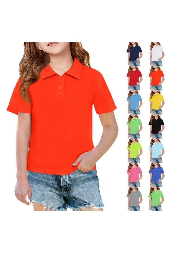 5-14Y Plain Unisex Uniform Short Sleeve Polo Shirt Collared Button Closure Plain Tops for Kids Red 140