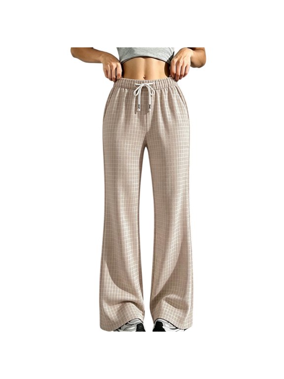 Baggy Plaid Sweatpanst Women Fashion Flared Trousers With Pockets Fall Winter Thermal Slacks Khaki M