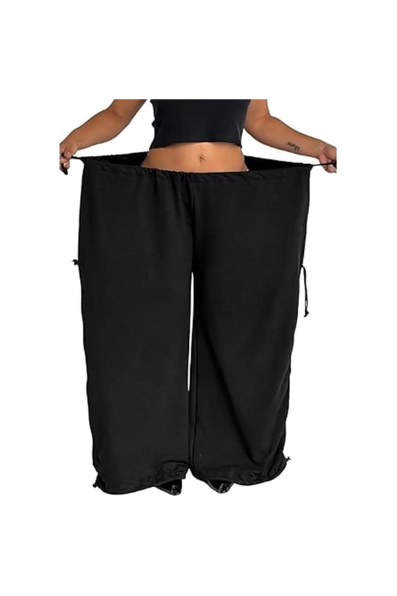 Baggy Wide Leg Pants For Women Adjustable Drawstring Elastic Waist Flowy Sweatpants Plus Size Harem Palazzo Trousers Black M