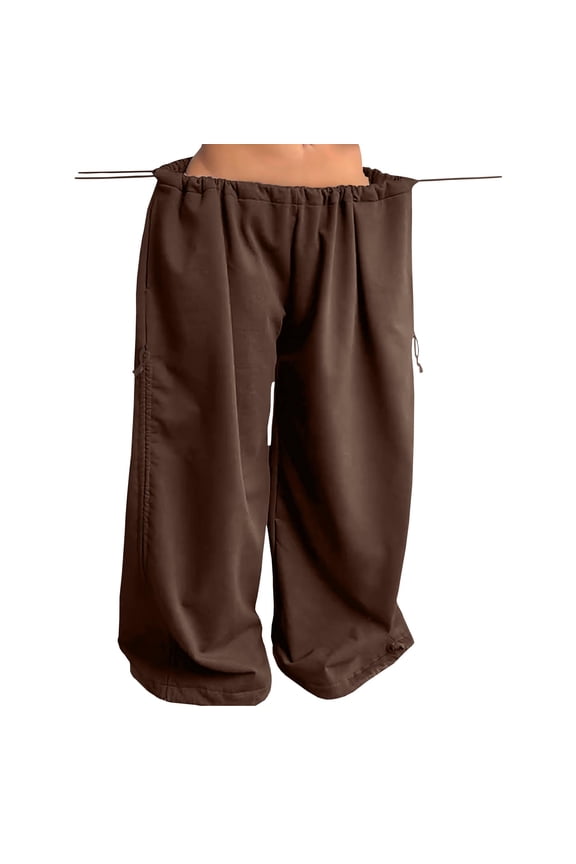 Baggy Wide Leg Pants For Women Adjustable Drawstring Elastic Waist Flowy Sweatpants Plus Size Harem Palazzo Trousers Coffee S