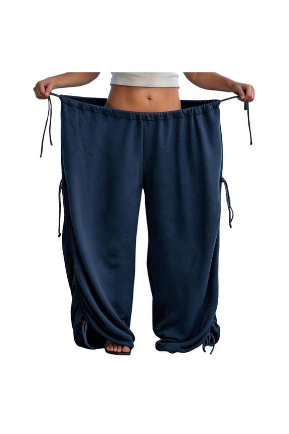 Baggy Wide Leg Pants For Women Adjustable Drawstring Elastic Waist Flowy Sweatpants Plus Size Harem Palazzo Trousers Navy L