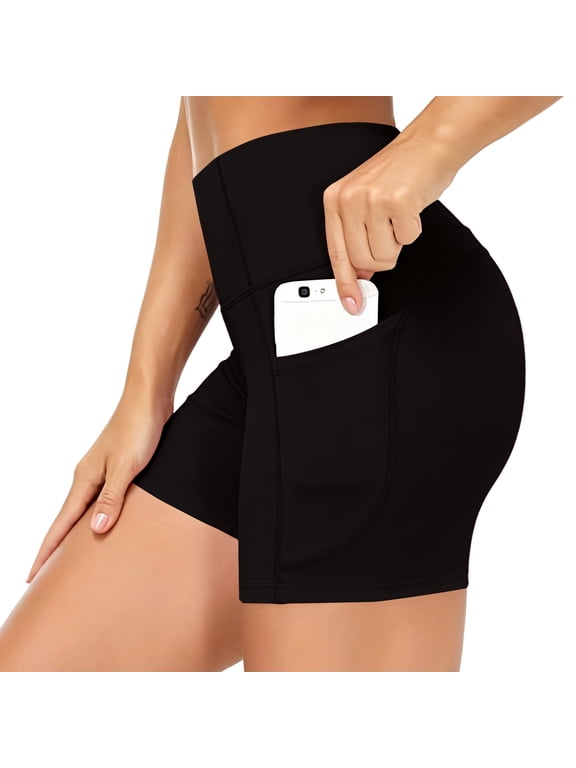 Biker Shorts With Pockets For Women - High Waisted Yoga Gym Stretchy Soft Athletic Running Workout Shorts Black XL