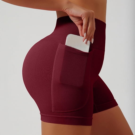 VV AVEORS Biker Shorts Women With Pockets - High Waisted Stretchy Soft Athletic Yoga Workout Gym Spandex Tummy Control Shorts Wine S