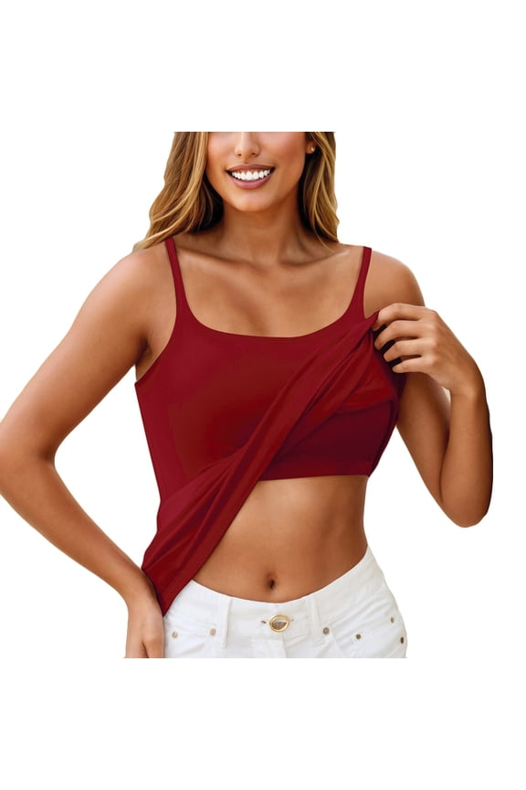 Built In Bra Tank Tops For Women 2026 Bras Adjustable Spaghetti Strap Yoga Camisole Tops Workout Sports Padded Cami Wine 2XL