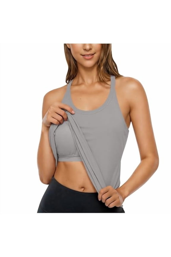 Built In Bra Tank Tops For Women 2026 Dressy Casual Workout Racerback Sleeveless Camisole Top Slim Fit Padded Shirts Gray S