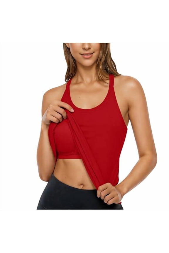 Built In Bra Tank Tops For Women 2026 Dressy Casual Workout Racerback Sleeveless Camisole Top Slim Fit Padded Shirts Red S