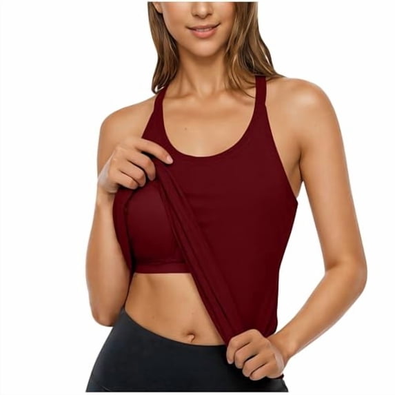 VV AVEORS Built In Bra Tank Tops For Women 2026 Dressy Casual Workout Racerback Sleeveless Camisole Top Slim Fit Padded Shirts Wine L