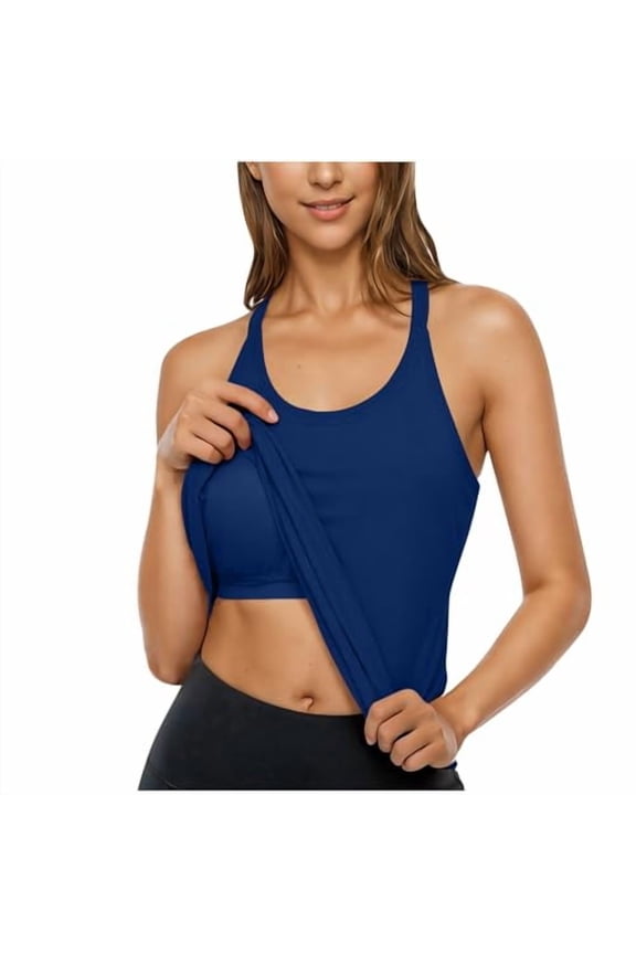 Built In Bra Tank Tops For Women U Neck Summer Workout Racerback Cami Shirts Double Lined Spaghetti Strap Tank Tops Dark Blue XL