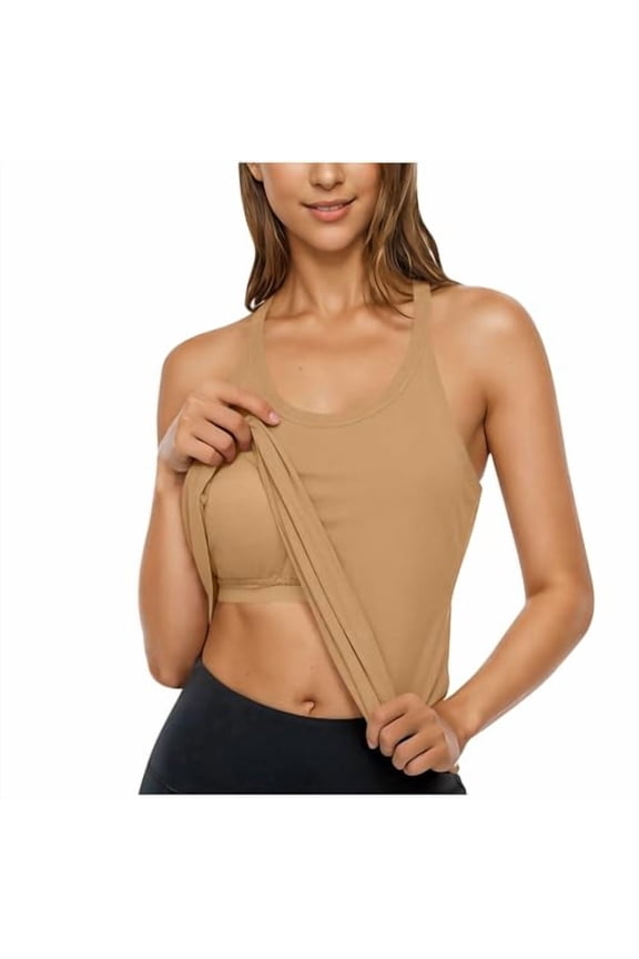 Built In Bra Tank Tops For Women U Neck Summer Workout Racerback Cami Shirts Double Lined Spaghetti Strap Tank Tops Khaki XL