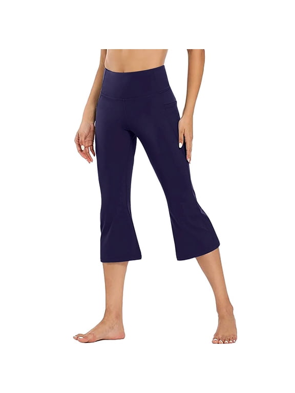 Capri Leggings For Women Flare Stretch Tummy Control High Waisted Yoga Capris Workout Lounge Cropped Pants With Pockets Blue L