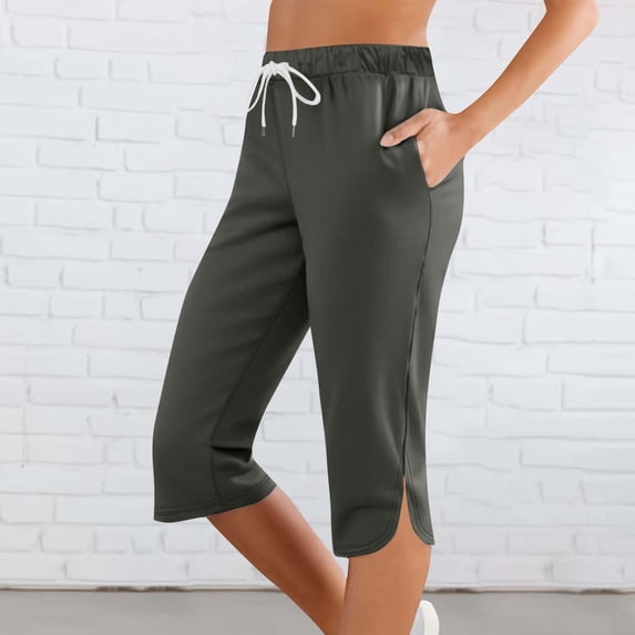 VV AVEORS Capri Pants For Women Split Side High Waist Casual Athletic Knee Length Summer Pants Casual Sweatpants With Pockets Dark Gray 2XL