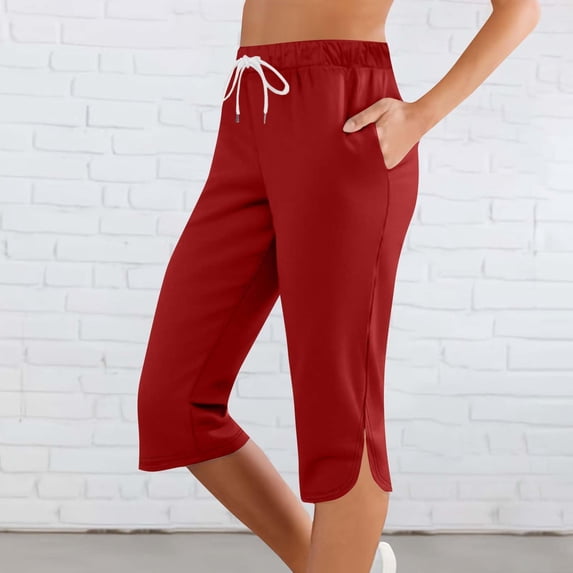 VV AVEORS Capri Pants For Women Split Side High Waist Casual Athletic Knee Length Summer Pants Casual Sweatpants With Pockets Wine S