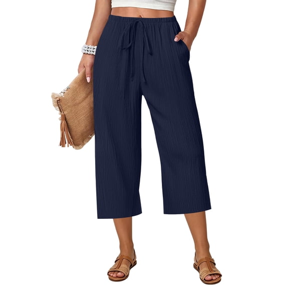 VV AVEORS Capri Pants For Women Wide Leg Summer Capris Pant Palazzo Loose Fit Casual Flowy Cotton Linen Trousers With Pockets Trendy Dark Blue 2XL