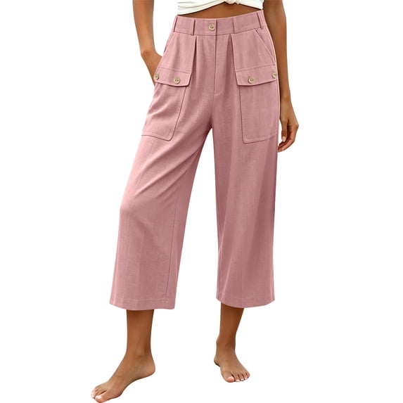 VV AVEORS Capris For Women Pull On Wide Leg Linen Cargo Pants Summer Buttons High Waist Beach Vacation Trousers With Pockets Pink L