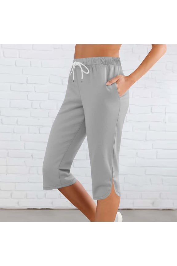 Capris For Women Summer High Elastic Waist Drawstring Workout Capri Split Legging Knee Length Cropped Sweatpant Light Gray L