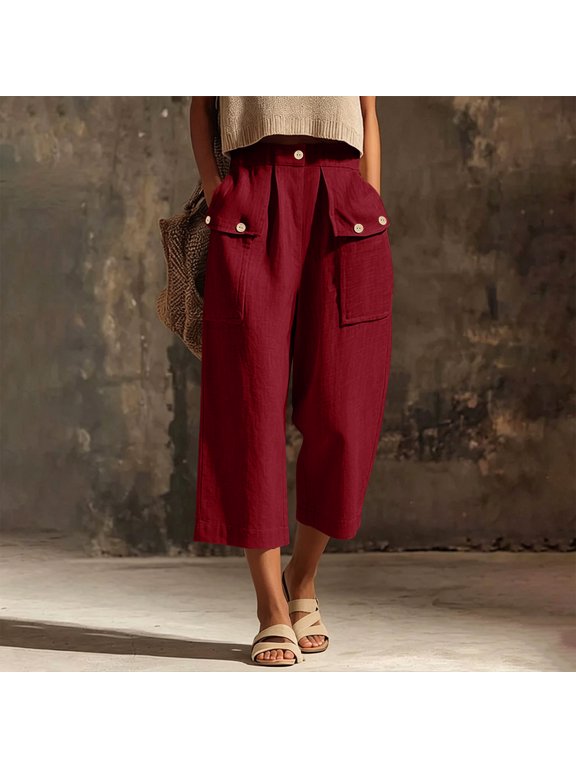 Capris For Women With Pockets Buttons Cotton Linen Crop Trousers Wide Leg Cargo Pants Casual Summer Bottoms Wine L