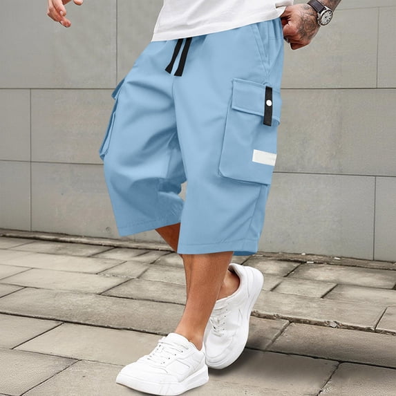 VV AVEORS Cargo Shorts For Men Workout Gym Shorts Casual 3/4 Capri Pants Drawstring Waist Multi-Pockets Hiking Athletic Running Shorts Sky Blue 3XL