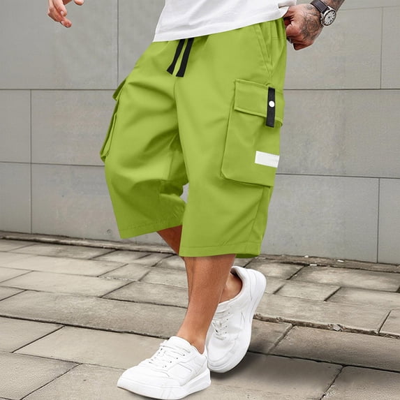 VV AVEORS Cargo Shorts For Men Workout Gym Shorts Casual 3/4 Capri Pants Drawstring Waist Multi-Pockets Hiking Athletic Running Shorts Fluorescent Green 2XL
