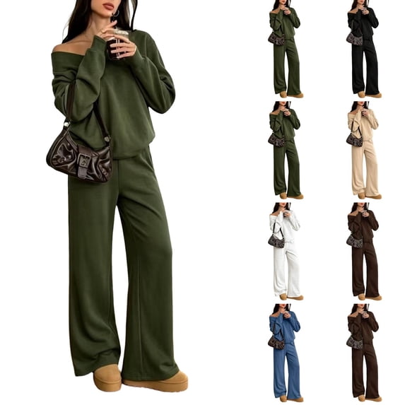 VV AVEORS Casual Fall Winter Two Piece Sets For Women 2026 V Neck Sweatshirt Loose Wide Leg Pants Tracksuit Knit Outfits Blue L