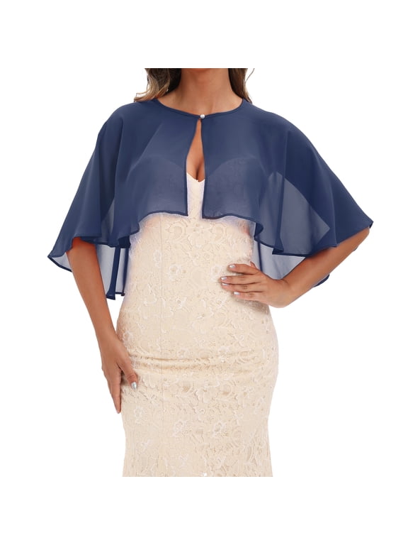 Chiffon Shawl Wraps for Women, Round Neck Capelet with Button for Evening Dress Cape Wedding Formal Party Cover Up Navy One Size