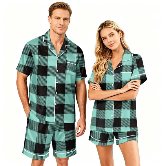 VV AVEORS Couple Matching Pajamas Sets Plaid Silk Short Sleeve Button Down Sleepwear Satin Pjs Shorts Set Soft Loungewear Black 4XL