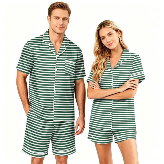 VV AVEORS Couple Matching Pajamas Sets Plaid Silk Short Sleeve Button Down Sleepwear Satin Pjs Shorts Set Soft Loungewear Green 2XL
