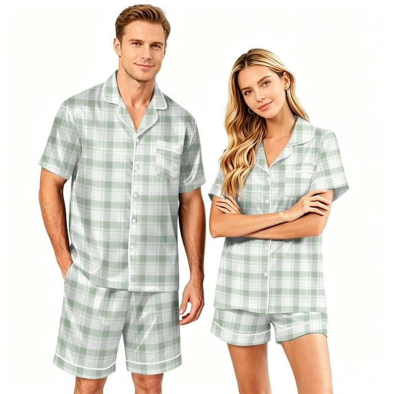 VV AVEORS Couple Matching Pajamas Sets Plaid Silk Short Sleeve Button Down Sleepwear Satin Pjs Shorts Set Soft Loungewear White S