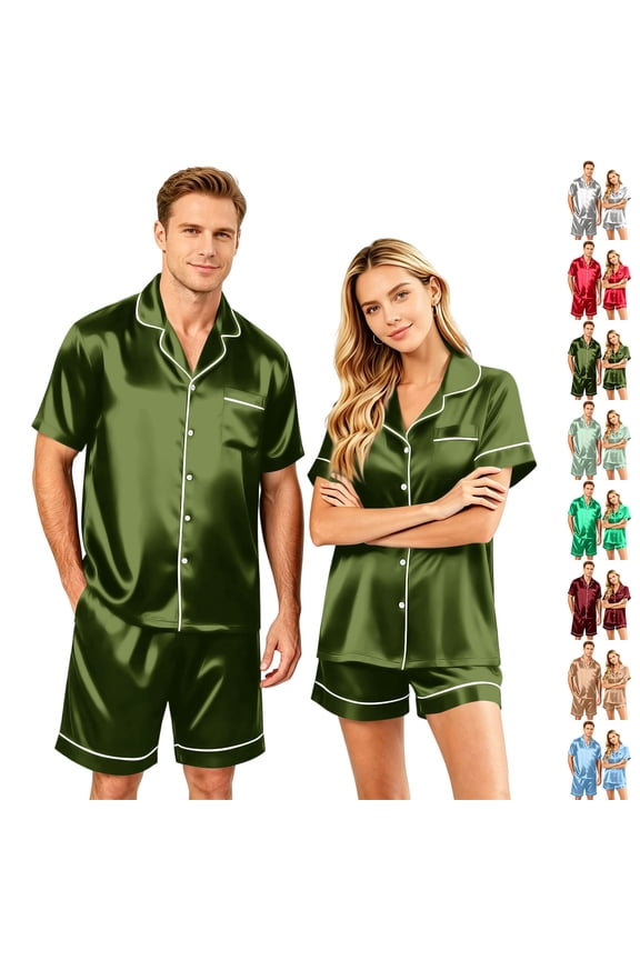 Couple Matching Pajamas Sets Silk Short Sleeve Button Down Sleepwear Satin Pjs Shorts Set Soft 2 Pieces Loungewear Red 2XL