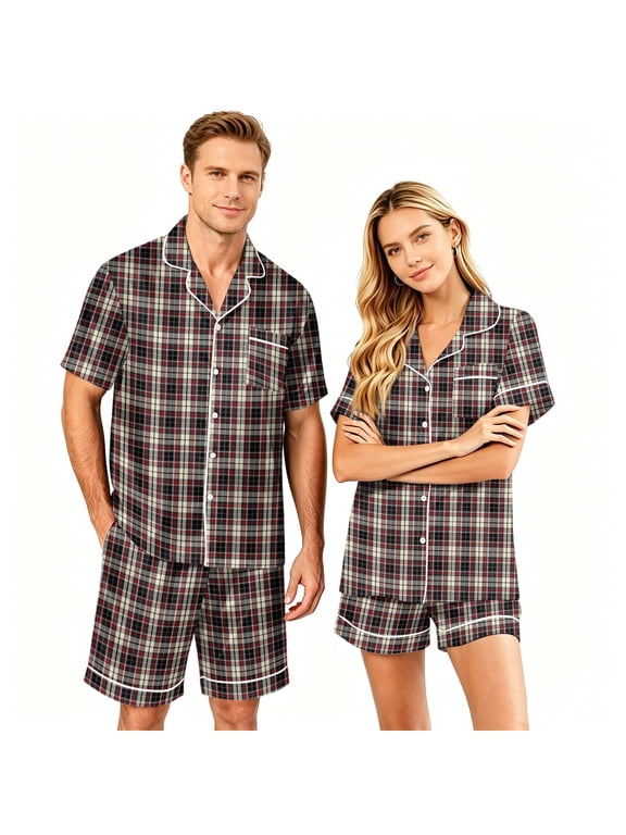 Couples Pajamas Sets Women & Men Satin Plaid Short Sleeve Sleepwear Button Down Loungewear Pjs Set With Shorts Orange 2XL