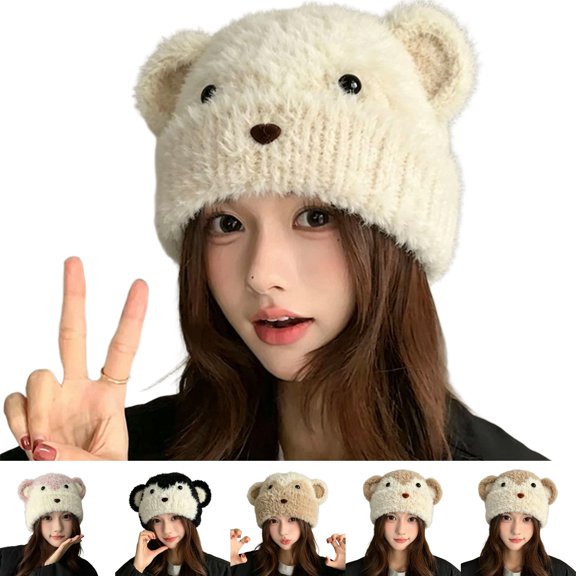 VV AVEORS Cute Fuzzy Bear Ears Beanie Hats For Women Y2K Slouchy Plush Knitted Beanie Faux Fur Faux Furry Winter Hat Cozy Warm Crochet Skull Cap White One Size