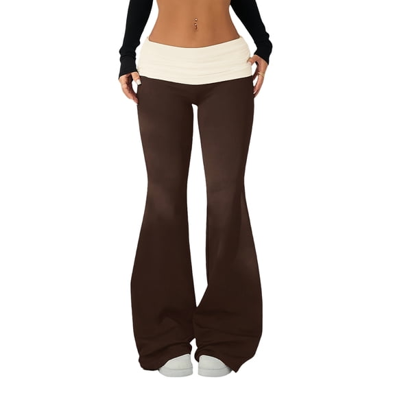 VV AVEORS Fold Over Flare Legging For Women Low Rise Wide Leg Yoga Pants Foldover Bell Bottoms Y2K Cute Sweatpants Coffee L