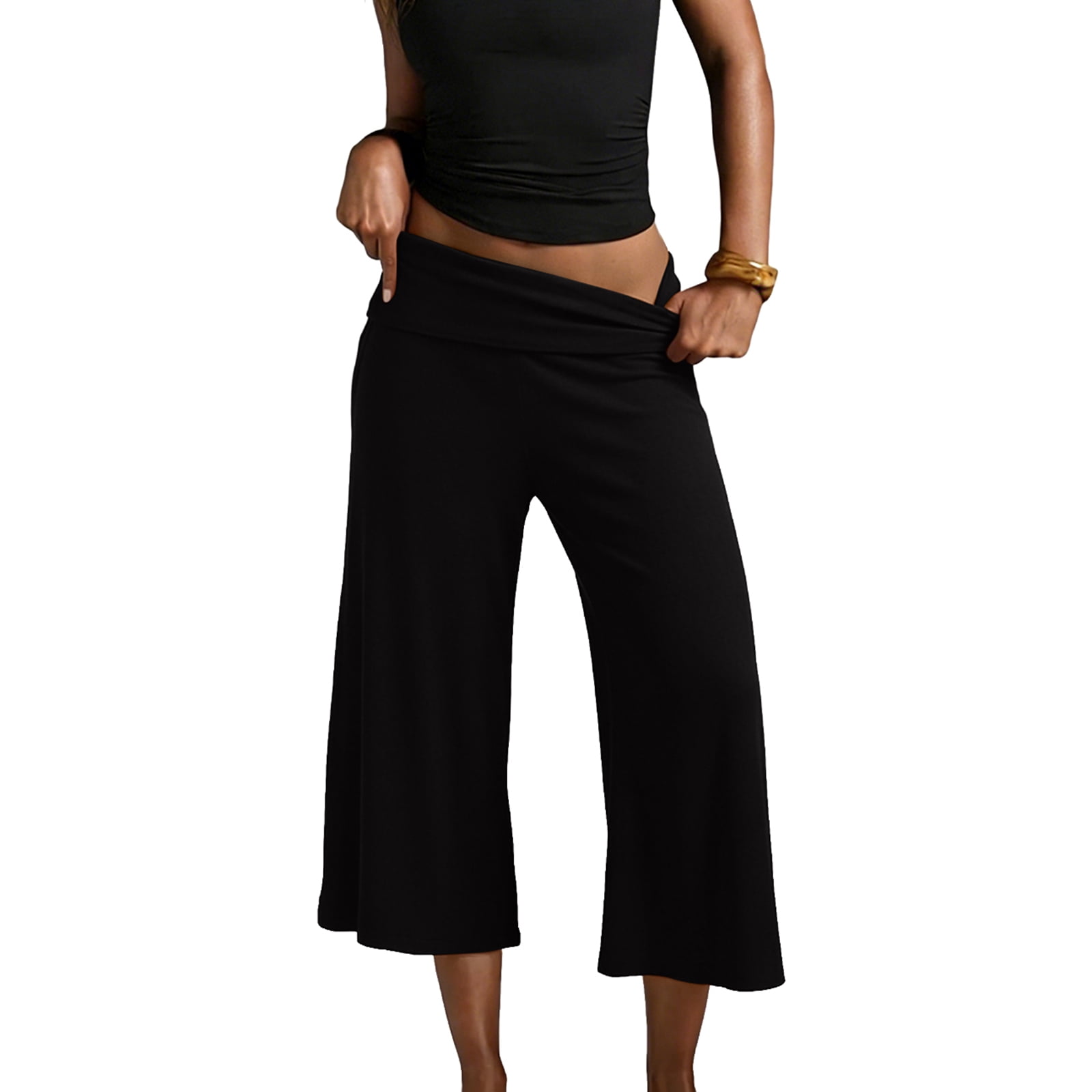 VV AVEORS Fold Over Gaucho Pants For Women Wide Leg Low Rise Cropped Pants Flowy Trendy Casual Capri Yoga Lounge Leggings Black M