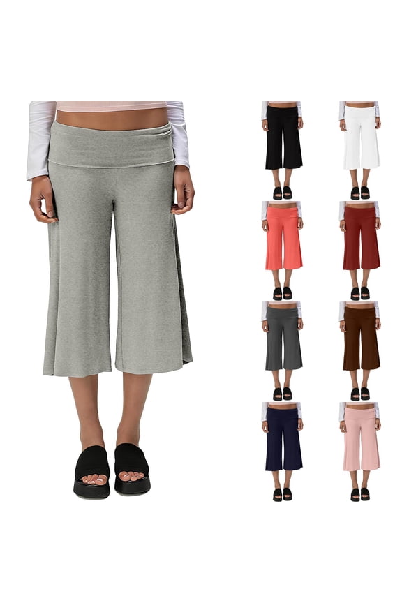 Fold Over Gaucho Pants For Women Wide Leg Low Rise Cropped Pants Flowy Trendy Casual Capri Yoga Lounge Leggings Black XL