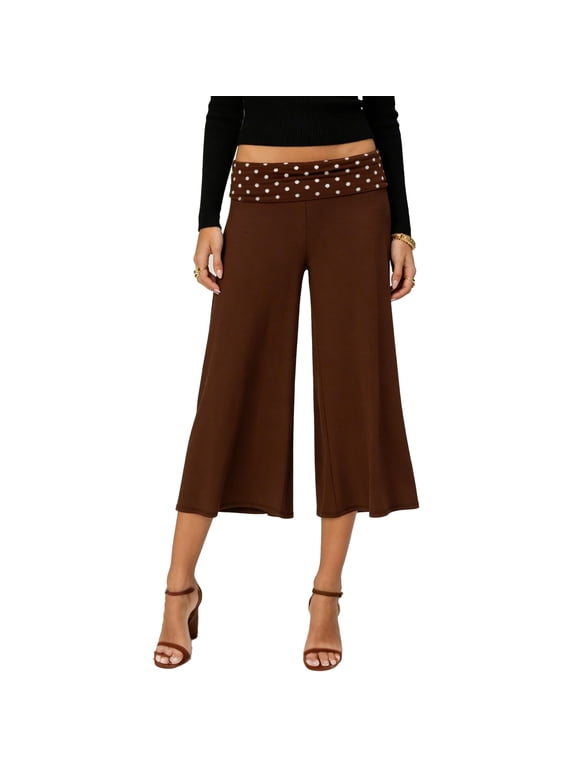 Gaucho Pants For Women Waist Wide Leg Capris Soft Comfy Lounge Polka Dot Cropped Pants Casual Flowy Yoga Pajama Brown XL