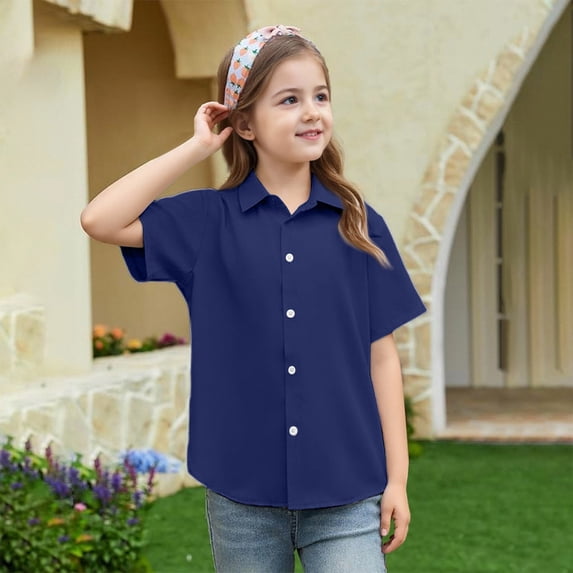 VV AVEORS Girls Button Down Shirts Kids Short Sleeve Dress Shirts School Uniform Blouse Loose Fit Tops Dark Blue 120