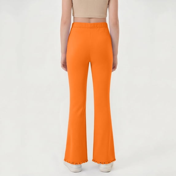 VV AVEORS Girls Flare Leggings Mid Waisted Bell Bottom Yoga Pants Fleece Ruffle Trim Bootcut Pant Orange 170