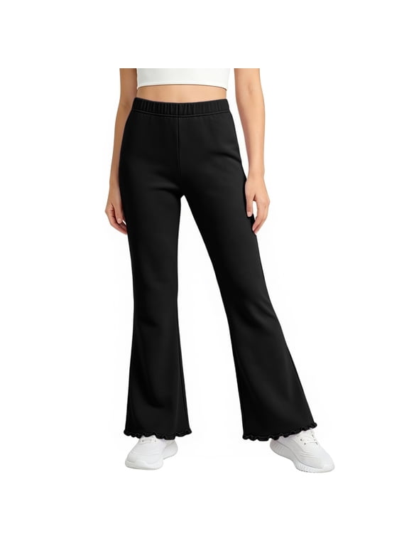 Girls Flare Leggings School Uniform Pants For Teen Girls Bell Bottoms Ruffle Trim Bootcut Pant Black 130