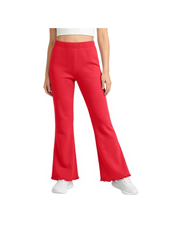 Girls Flare Leggings School Uniform Pants For Teen Girls Bell Bottoms Ruffle Trim Bootcut Pant Red 110