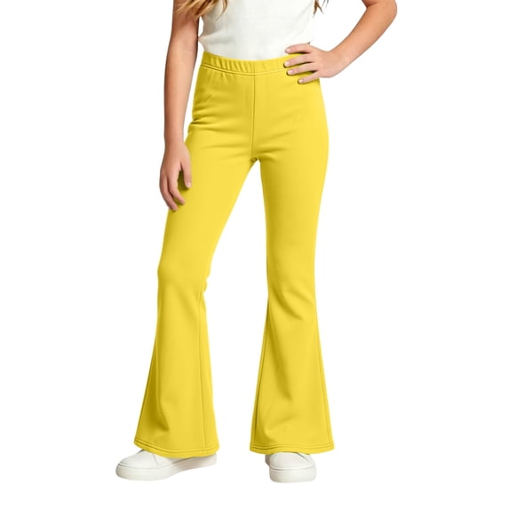 VV AVEORS Girls Flare Pants Bootcut Fleece Bell Bottoms Soft Comfort Pull On Waist Back To School Pants Casual Everyday Wear Yellow 110