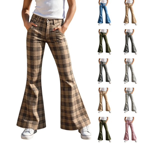 VV AVEORS Girls Flare Pants Plaid Uniform Cute Y2k Bell Bottoms Flared High Waist Slim Fit Trousers With Pockets Earthy Yellow 120