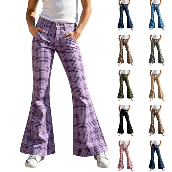 VV AVEORS Girls Flare Pants Plaid Uniform Cute Y2k Bell Bottoms Flared High Waist Slim Fit Trousers With Pockets Purple 130