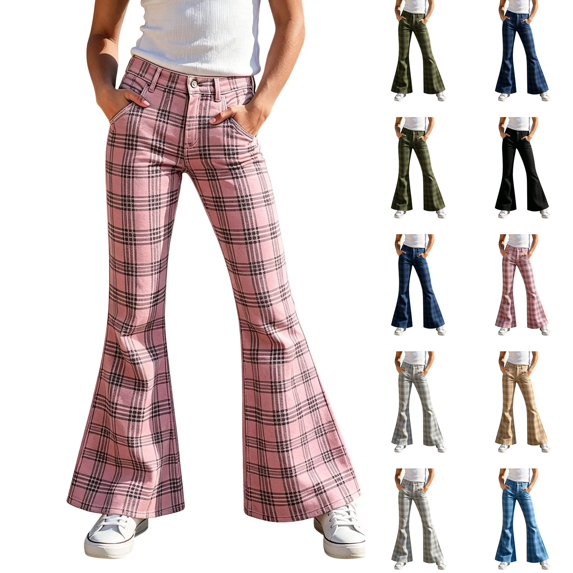 VV AVEORS Girls Flare Pants Plaid Uniform Cute Y2k Bell Bottoms Flared High Waist Slim Fit Trousers With Pockets Watermelon Red 150