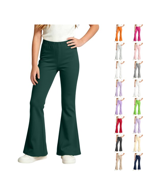 Girls Fleece Lined Flare Leggings Elastic Waist Stretchy Yoga Pants Dance Trousers for Kids 3-15 Years Dark Green 120