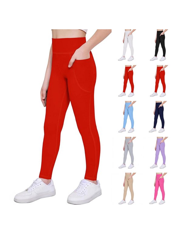 Girls High Waist Leggings with Pockets Slim Fit Yoga Pants for Teens Dance Running Workout Legging 3-12 Years Red 130